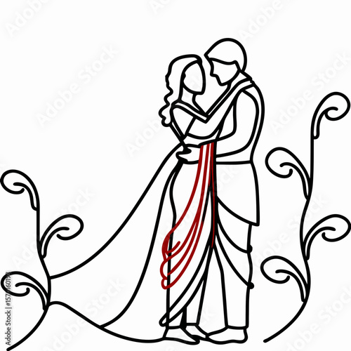 Romantic illustration of Radha Krishna couple in love, featuring elegant, stylized artwork. Radha Krishna symbolizes divine love and devotion, depicted with graceful lines and minimal detail,