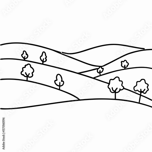 Rolling hills and olive trees illustration, showcasing simple black line drawings on white background. The rolling hills and olive trees create peaceful, calm scenery, evoking rural environment.