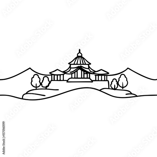 Rishikesh skyline features temples and mountains in minimalist outline style. Rishikesh scenery is captured with clean, modern lines showcasing landmarks.