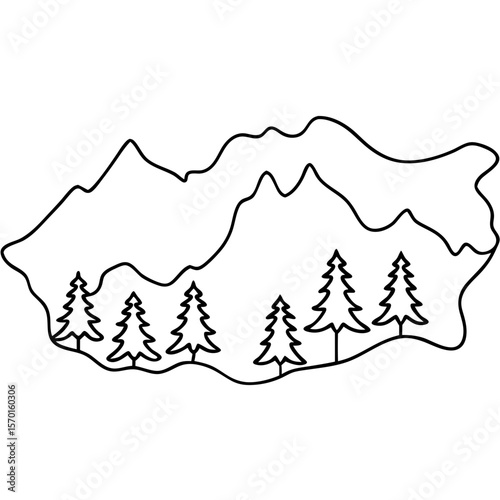 Sikkim landscape scenery features rugged mountain peaks and evergreen trees in simple line art. Discover Sikkim region, which includes majestic peaks and lush pine forests.