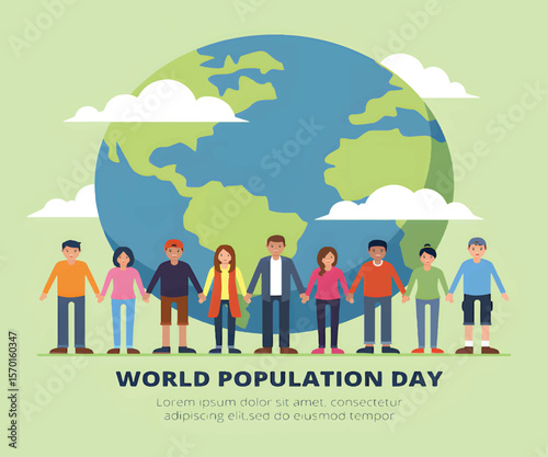 World Population Day flat illustration with globe and diverse people