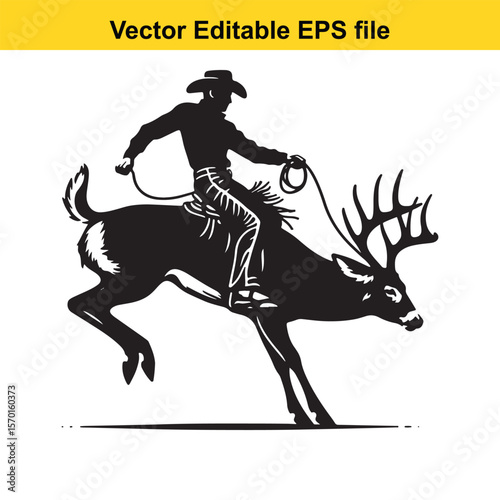 Silhouette of a Cowboy Riding a Deer with Antlers in a Dynamic Action Scene