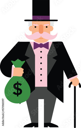 Wealthy old man with mustache holding money bag wearing tuxedo and top hat vector illustration