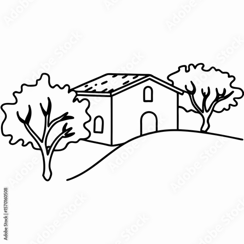 Traditional stone house in olive grove with rural charm, depicted in simple line art. Stone house is framed by two olive trees, evoking mediterranean scenery and peaceful living.