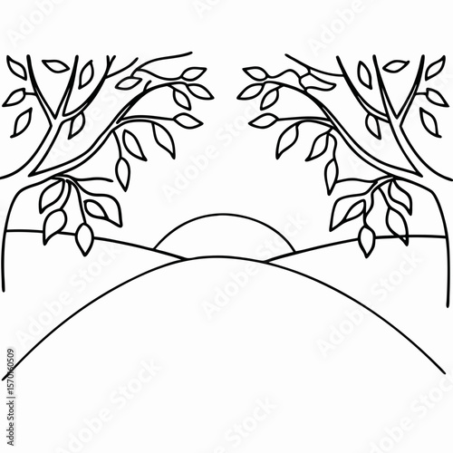 Sunset over olive field depicted with sparse trees and fields. Sunset over olive field shows simple, minimalist lines in black and white illustration, creating serene landscape art.