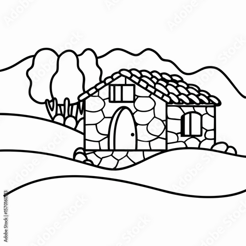 Traditional stone house in olive grove in black and white for coloring book pages, architecture, or design elements. Classic stone house showcases rural simplicity with textured facade.