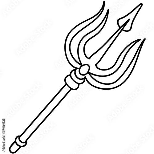 Stylized depiction of a trishul, a trident symbol, in simple black lines and white space. Trishul representation stands out due to its elegant design,