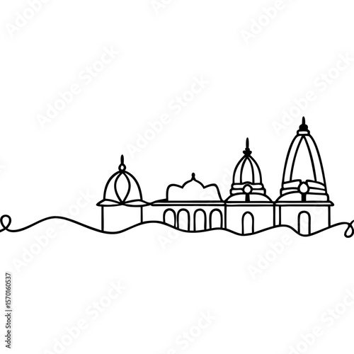 Vrindavan skyline illustration in simple line art shows iconic temples. Vrindavan temples symbolize spiritual heritage and cultural identity,