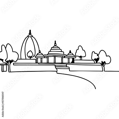 Vrindavan temple in minimal line drawing style on clear background, Vrindavan temple represents sacred Hindu place, which is associated with the god Krishna.