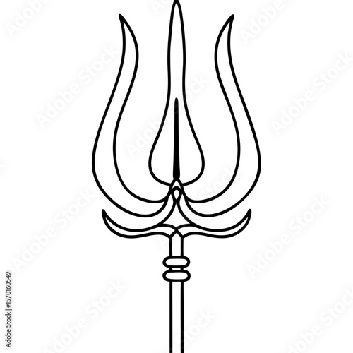 Depiction of trishul, a significant symbol in Hinduism, rendered as simple line art for easy integration into designs. Religious trishul artwork is presented as a black outline on white,