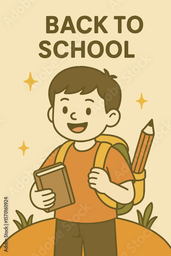 Flat vector illustration of a smiling schoolboy holding a book and wearing a backpack with a giant pencil, symbolizing the return to school. Perfect for educational, learning, and school