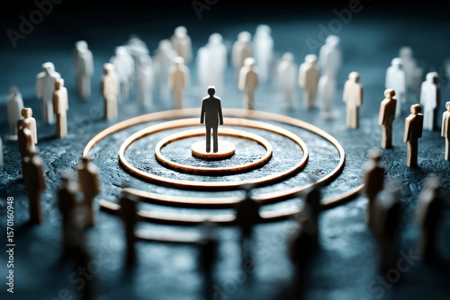 Central figure in concentric circle of people. Conceptual symbol of leadership, organization, and corporate influence.