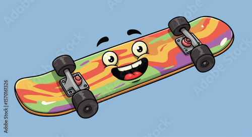 Happy Cartoon Skateboard with Colorful Swirls