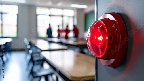 A bright red fire alarm urgently flashes in a classroom filled with students diligently studying at their desks during the daytime hours at the local Public School, creating a potentially distracting 