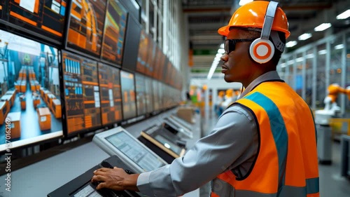 Man wearing safety vest and hard hat monitors automated warehouse activity from control panel, overseeing inventory and robotic arms on multiple screens in a modern Factory