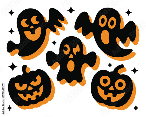 Whimsical Halloween Icons Featuring Ghosts And Pumpkins In Black And Orange With Stars On White Background For Festive Design