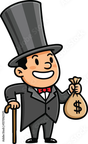 Cartoon rich man in top hat holding money bag smiling happily vector illustration