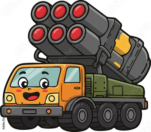 Cute smiling military rocket launcher truck vector cartoon style with orange and green colors cheerful happy design