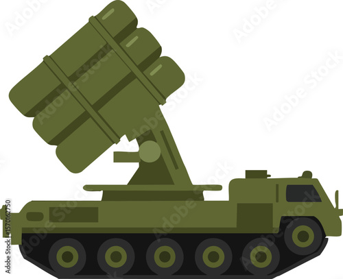 Military missile launcher tank vehicle in green army design vector illustration for defense technology and warfare equipment
