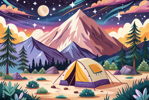 Nighttime Mountain Camping Scene with Tent and Stars Adventure Style