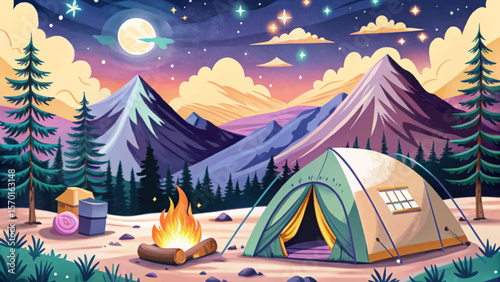 Nighttime Mountain Camping Scene with Tent and Stars Adventure Style