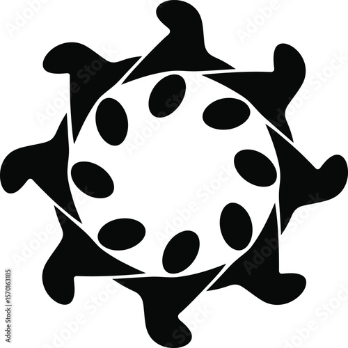 This unique illustration features an abstract design composed of black shapes arranged in a circular pattern, creating a visually striking composition.