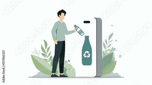Young man recycling a plastic bottle into a modern recycling bin surrounded by lush greenery, promoting eco-friendly habits and sustainable living practices
