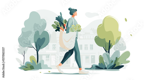 Woman carrying a reusable bag filled with fresh vegetables, walking through a green urban park, promoting eco-friendly lifestyle and sustainable living choices in a vibrant environment