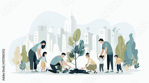 Family planting a young tree in an urban environment, surrounded by greenery and buildings, promoting eco-friendly lifestyle and sustainable practices for future generations