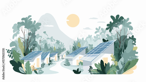 Eco-friendly landscape featuring solar panels on rooftops surrounded by lush greenery and trees, illustrating sustainable living and harmony with nature
