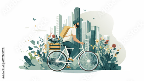 Man riding bicycle through urban landscape filled with greenery and flowers, showcasing eco-friendly lifestyle and sustainable living in a modern city environment