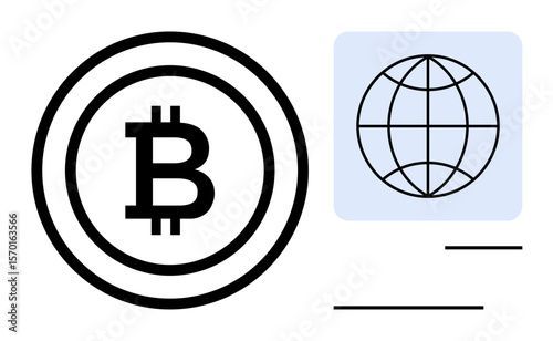 Bitcoin currency icon in bold circle beside a grid globe. Ideal for digital finance, blockchain, global trade, decentralized economy, fintech, investment trends, simple flat metaphor
