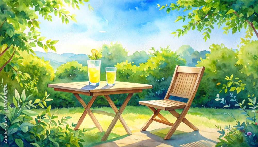 初夏の柔らかな光と緑に包まれたテラスを水彩画風に描いた、木製テーブルと椅子にレモネードのグラスが置かれた穏やかな風景
初夏の柔らかな光と緑に包まれたテラスを水彩画風に描いた、木製テーブルと椅子にレモネードのグラスが置かれた穏やかな風景