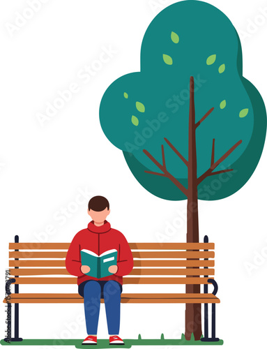Man reading book on wooden bench under green tree outdoor peaceful leisure activity vector illustration