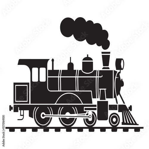 Classic black silhouette of a steam locomotive with billowing smoke from its chimney traveling on a railway track