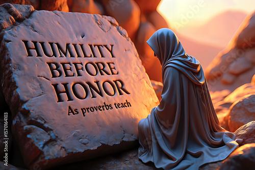 Person in robe contemplating humility against rocky background
