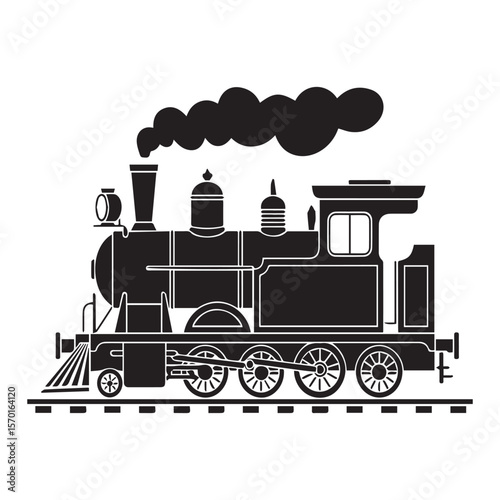 Classic black silhouette of a vintage steam locomotive train with smoke billowing from its chimney traveling on railway tracks isolated on white