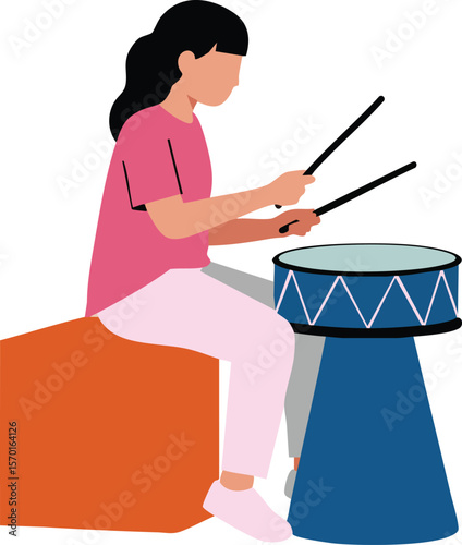 Girl playing drum sitting on orange block with pink outfit and black hair vector illustration