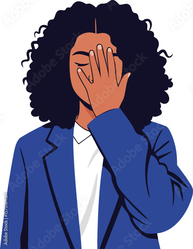 Woman covering face with hand in blue blazer showing frustration or embarrassment vector illustration
