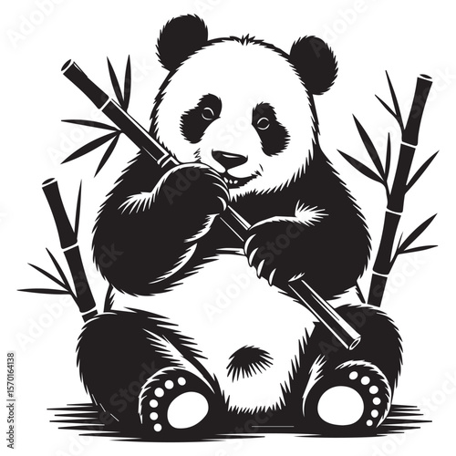 A black and white stylized illustration of a cute panda bear sitting and eating bamboo stalks surrounded by more bamboo plants and leaves