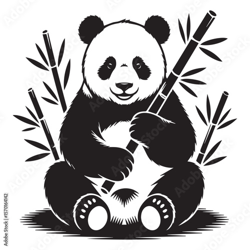 Stylized black and white illustration of a happy panda bear sitting amongst bamboo stalks holding a piece of bamboo