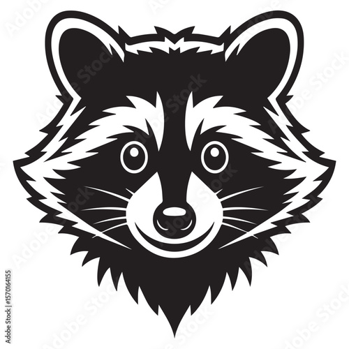 Stylized black and white graphic illustration of a raccoon face with sharp angular fur details and bright curious eyes on a clean white background