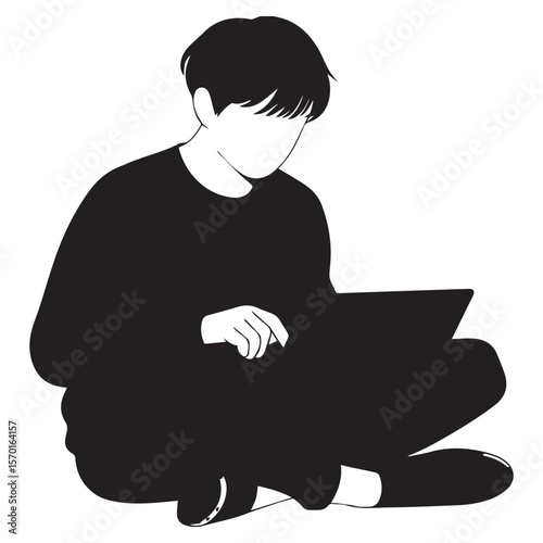 A minimalist black and white illustration of a young person sitting cross legged on the floor engrossed in using a laptop computer