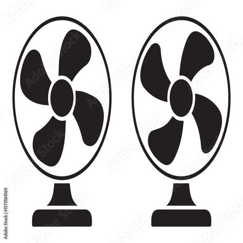 Two identical black silhouette desk fans with four blades each are positioned side by side against a clean white background