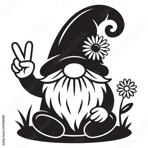 A whimsical black and white silhouette of a cheerful gnome sitting in grass giving a peace sign with one hand and holding a daisy