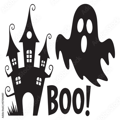 Spooky black silhouette of a haunted house with a friendly ghost and the word boo perfect for halloween decorations and designs
