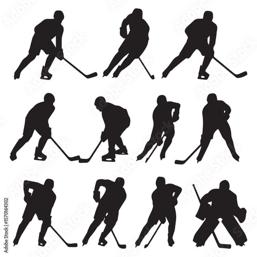 Collection of black ice hockey player silhouettes in various action poses including skating shooting and goaltending on a white background