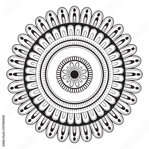 Intricate black and white circular mandala design featuring repeating petal like shapes and geometric patterns on a clean white background