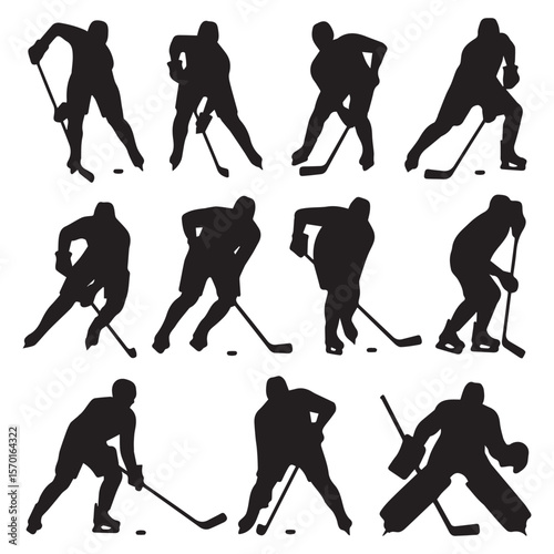 Collection of black silhouette ice hockey players in various action poses on a white background showcasing different skating and stick handling movements