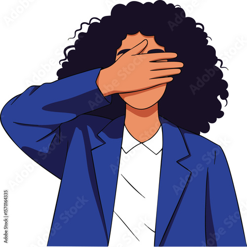 Woman covering face with hand wearing blue jacket and white shirt vector illustration of privacy concept and anonymity with curly hair